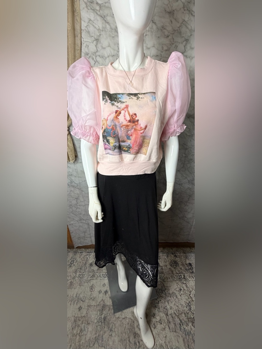 Selkie Pink Puff Sleeve Sweatshirt Romantic Art Print Coquette Fairycore Size L - Picture 7 of 16